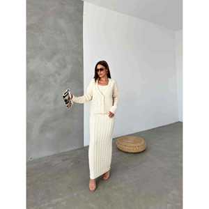 Three Piece Knitwear Set Women's <b>Sweater</b> Cardigan And Skirt Bone Color S Size <b>Cable</b> <b>Knit</b> Cozy Outfit - Product Image 4