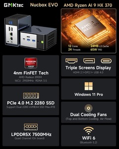 Gmktec มินิพีซี EVO-X1สำหรับเล่นเกม, มินิพีซี Al 9 HX 370เรดอน890เมตรการจัดเก็บข้อมูลที่กว้างขวาง <span class=keywords><strong>CPU</strong></span> + NPU TDP 65W LPDDR5X Win11 7500MHz 64/1TB - Product Image 4