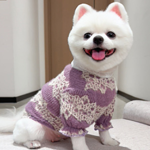Ropa para perros y gatos Gugou, suéter con forro polar de encaje para otoño e invierno, camisa básica a rayas moradas para perros pequeños y gatos - Product Image 3