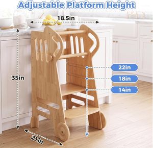 Toddler Tower with Wheels Adjustable Height Learning Natural Solid Wood <b>Step</b> <b>Stool</b> Full Safety Rails - Product Image 2