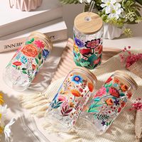 Mug à café/bière en verre de 16 oz avec logo floral abstrait personnalisé par le fabricant, avec couvercle en bambou et paille, idéal pour les cadeaux de fêtes