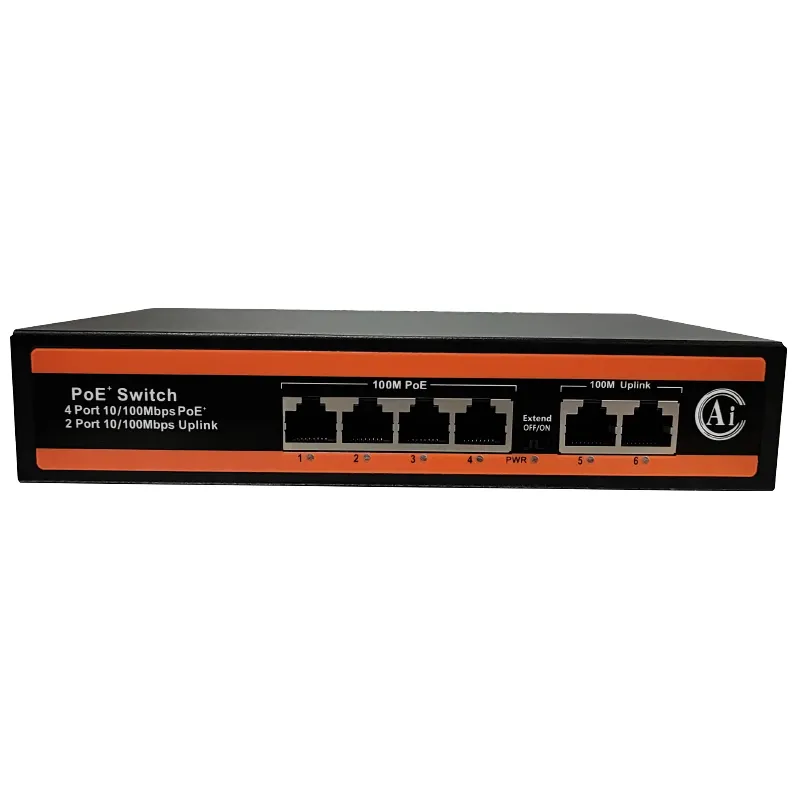 Precio de fábrica OEM 48V PoE Smart Switches AI Watchdog Función 4 puertos PoE + 2 Uplink 6 puertos 100Mbps Networking PoE Switches VLAN