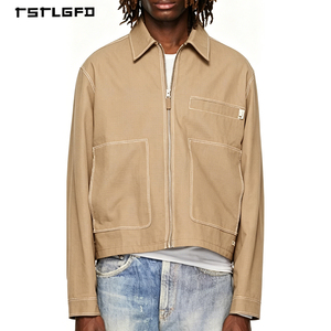 Custom Plus Size Lightweight <b>Utility</b> <b>Jacket</b> Khaki Contrast Stitch Three Patch Pockets Hem Drawstring Relaxed Fit <b>Jacket</b> - Product Image 2