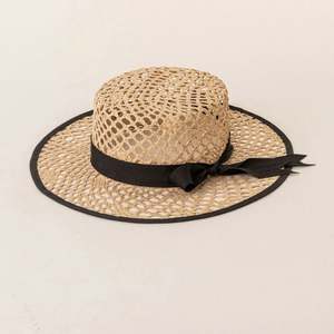 Sombrero de Paja Rafia Hecho a Mano, Estilo Europeo Americano, Primavera-Verano, con Copa Plana, Decoración de Lazo Hueco, Casual - Product Image 4