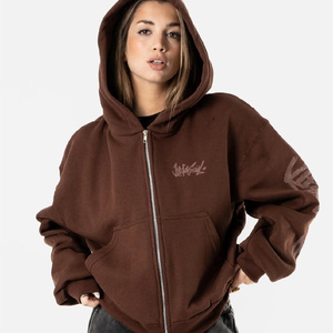 เสื้อไหมพรมถักแบบสั่งทำพิเศษ หนานุ่ม สไตล์วินเทจ ซิปหน้า ล้างสีแบบแอซิดวอช ผ้าฝ้าย 100% ทรงโอเวอร์ไซส์สำหรับผู้หญิง กระเป๋าแต่งแบบดิสเทรส ทรงบ็อกซี่ ตัดสั้นด้านหน้า ODM - Product Image 4