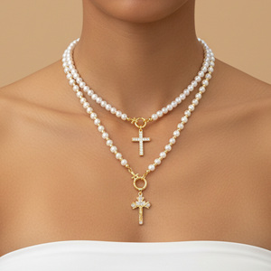 Collar de Moda con Crucifijo de Latón, Joyería Religiosa para Mujer, Collar con Cuentas y Colgante de Cruz de Jesús con Circonitas, Bañado en Oro de 18K - Product Image 1