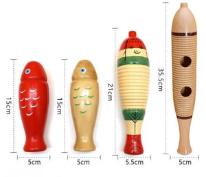 Ensemble de percussions Orff professionnel : Guiro grenouille et poisson en bois |   Grattoir à main et bloc de bois pour la musique - Product Image 2
