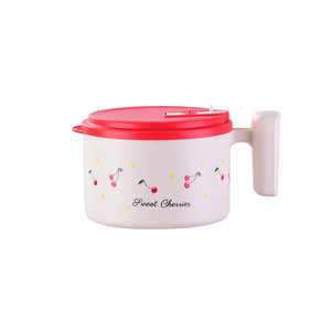Instant Noodle Bowl With Lid Round Food Grade Plastic <b>Sweet</b> Cherries Pattern For Office Dorm Students - Product Image 1
