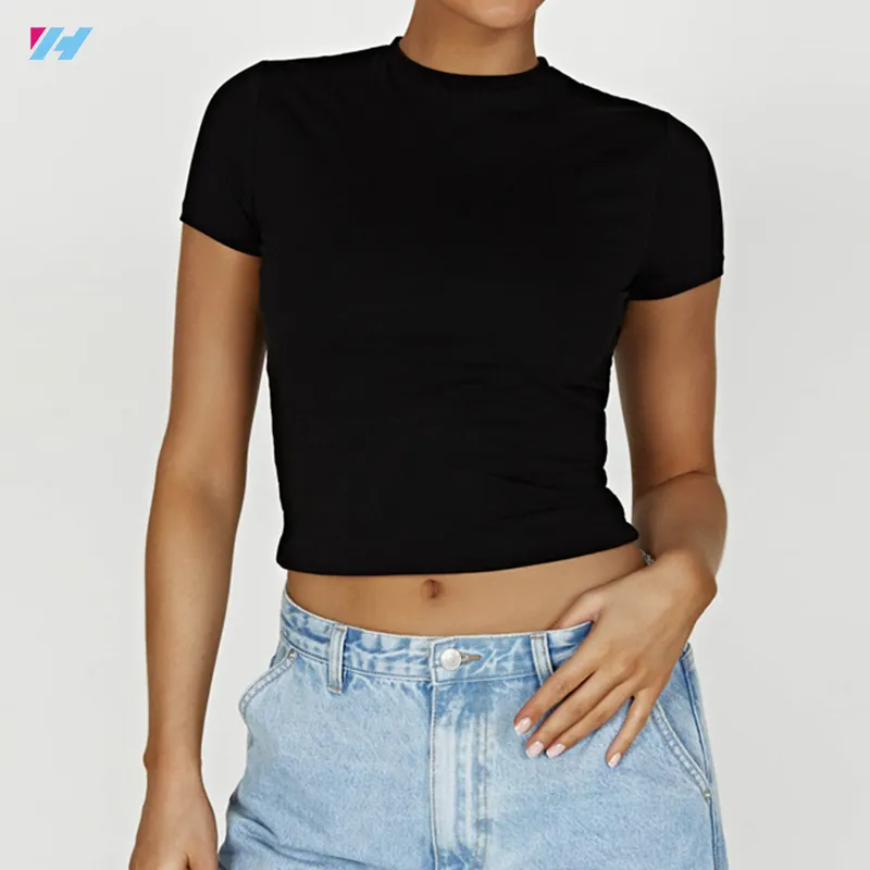 Maglietta personalizzata del produttore Oem maglietta Crop Top di base in cotone nero tinta unita maglietta da donna Y2K vuota per le donne