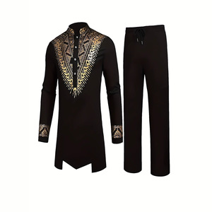 Ankara-Ensemble dashiki deux pièces pour hommes, vêtements africains, chemise à imprimé doré, caftan, haut de Dubaï, pantalon, costume musulman, <span class=keywords><strong>tenue</strong></span> formelle - Product Image 5