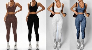 Women Leopard <strong>Cross</strong> Back Sleeveless Deep V <strong>Top</strong> and Light Weight Push Hip Leggings Yoga Set Quick Dry Fashion Yoga Set - Product Image 2