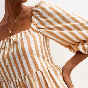 Vestido de Verano de Lino de Manga Corta Elegante para Mujer, Diseño a Rayas, Informal, de Algodón, Mini Vestido, Personalizado OEM de Alta Calidad - Product Image 3