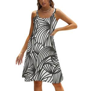 Robe d'été décontractée pour femme à bretelles spaghetti, imprimé lignes ondulées abstraites, design polynésien, color block vert et noir audacieux - Product Image 4