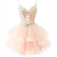 Robe de soirée rose en tulle à bretelles spaghetti, avec appliques en dentelle, courte, à volants étagés, pour bal de promo et fêtes, pour femme