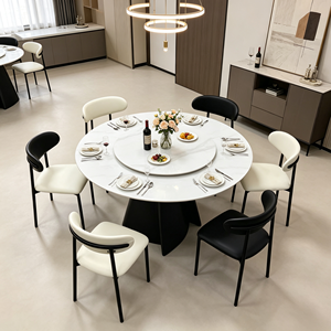 Ensemble de table à manger moderne en pierre frittée avec plateau tournant, 6 chaises en cuir PU, base en métal noir, pour la maison et l'appartement - Product Image 2