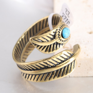 Vintage Feather <b>Ring</b> With <b>Turquoise</b> Inlay For Women Steel Gold 23mm Jewelry Gift - Product Image 5