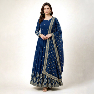 Costume Anarkali traditionnel pour femmes, bleu marine, broderie dorée, dupatta, coupe ample, style indien pakistanais, longueur au sol - Product Image 1
