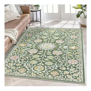 Microfiber Persian Style Green Flower Carpet Fresh Joker Pastoral Carpet for Home Car Prayer-Rectangle Shape