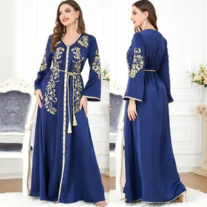 제조업체 배포 새로운 단색 이슬람 중동 여성 아랍 의류 새로운 V-넥 긴 소매 유럽 미국 드레스