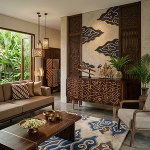 Buffet en bois massif de style moderne du milieu du siècle avec incrustation Batik Mega Mendung - Product Image 5