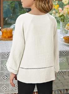 Traje holgado para niñas elegante bohemio azul cielo algodón muselina cuello en V linterna manga larga diseño hueco blusa básica Tops - Product Image 4