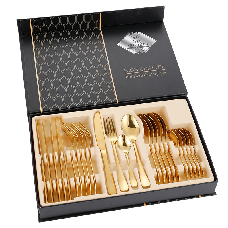 Factory Wholesale 24-Piece Modern Gold Stainless Steel Cutlery Set Western Dining Knife Fork Spoon Gift Box Set