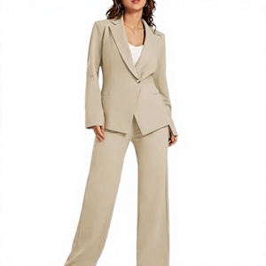Women's Beige Crepe 2-Piece Suit <b>Set</b> With Notched Lapel Blazer And Wide Leg Pants Formal Loose Fit All Seasons Solid Color - Product Image 3