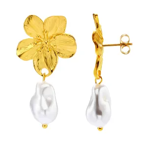 Flower Pearl Pendant Stainless Steel Earrings Fashion Jewelry 316 Stainless Steel Earrings For Women