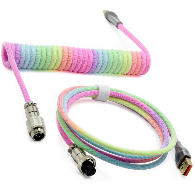 Rainbow Braided Pure Copper Nylon Keyboard Cable 3m Coiled Type-C USB-A Detachable Aviator Connector for Gaming Keyboard/Tablet