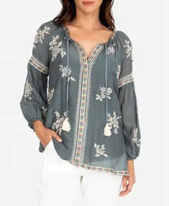 Embroidered Floral Puffy Sleeves Peasant Blouse ST-2402