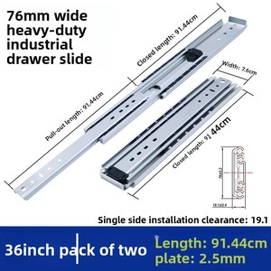 76mm Wide Heavy-Duty Industrial Load-Bearing Cold Rolled Steel <b>Slide</b> Rail Thickened Three-Section <b>Drawer</b> Guide Rail 200kg+ for - Product Image 6