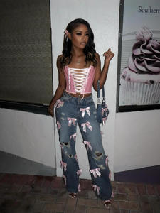 Jeans Lunghi da Donna King Mcgreen Star YK2 Street Tough Girl con Fiocco e Strappi Effetto Lavato - Product Image 2