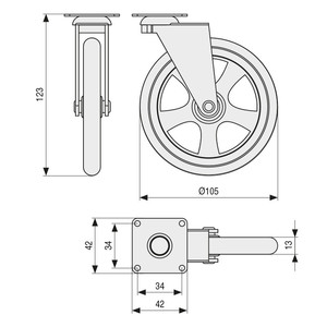 Camarena swivel caster, rubber rim, d105, plastic, bronze, max. <b>10kg</b>. <b>Plate</b> 50x50. h123. - Product Image 2