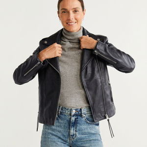 เสื้อแจ็คเก็ตหนังแท้สีดำสำหรับผู้หญิง สไตล์ไบค์เกอร์ คลาสสิก ปกแบบ Notch Lapel ซิปแบบไม่สมมาตร แฟชั่นสตรีทแวร์ - Product Image 2