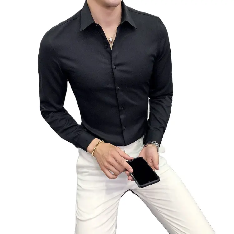 M-7XL large size shirt men's long-sleeved shirt Korean version of all-match can be worn outside shirt men's solid color simple
