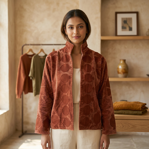 Chaqueta de terciopelo bordada color marrón óxido para mujer, chaqueta de moda con cuello alto y estampado floral tonal, manga larga, venta al por mayor - Product Image 2