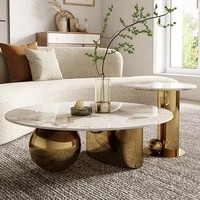 Ensemble Tables Basses de Luxe Modernes en Acier Inoxydable et Plateau en Pierre, Rondes, Centrales et d'Appoint, pour Salon