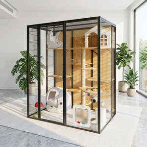 Condo pour animaux de compagnie de luxe moderne, personnalisable, avec structure en acier au carbone massif, panneaux en bois de caoutchouc, verre trempé, roulettes mobiles et grand espace pour chat - Product Image 5