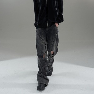 Nouveauté Jeans droits pour homme, style ample, denim délavé à l'acide, trous, coupe mi-lâche, style streetwear - Product Image 5