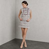 Robe en tweed pour femme, sans manches, mini-robe ajustée, à carreaux, en bouclé, avec col à volants, robe de soirée, robe de cocktail