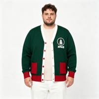 Pull cardigan en tricot vert pour homme, col en V simple, brodé motif sapin de Noël, ODM OEM