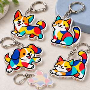 Porte-clés personnalisés en acrylique transparent avec blocs de couleur, motifs animaux, impression UV double face, breloques chat et chien, OEM ODM - Product Image 1