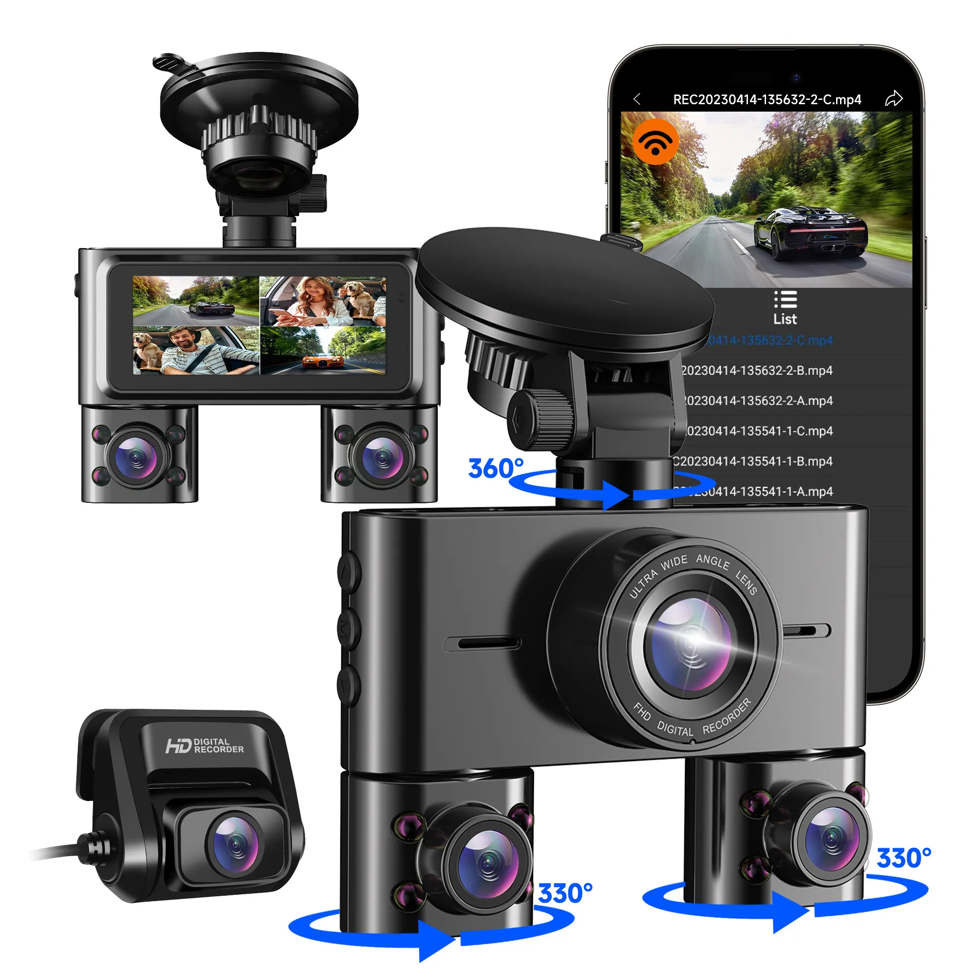 JHK V7 Mini 4 Channels 1080P Dashcam WiFi GPS 360 Degree Front and Rear Dash Cam Camera for Car