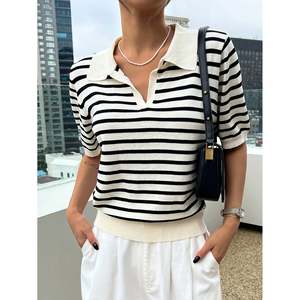 Women's Black and White Striped Polo Collar Short Sleeve 100% <b>Viscose</b> Knit <b>Top</b> - Product Image 1