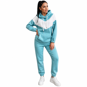 Ensemble sweat à capuche et jogging en molleton bicolore bleu clair et blanc avec logo personnalisé pour collections de marques de streetwear professionnelles - Product Image 3