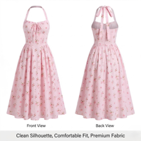 Robe midi rose pour femme, col halter, taille haute, sans manches, coupe trapèze, imprimé floral, écologique, légère, respirante, été, OEM/ODM