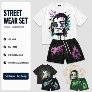 Set Due Pezzi Estivo da <span class=keywords><strong>Uomo</strong></span> Y2K in Cotone 100% di Alta Qualità, Personalizzabile, Tinta Unita, Manica Corta, Stile Gotico, Ecologico e Traspirante - Product Image 2