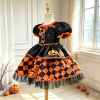 Robe de déguisement d'Halloween pour enfants, motif citrouille, orange et noir, avec manches bouffantes et jupe en tulle à volants, tenue de fête cosplay pour fillette