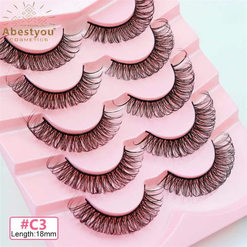 Abestyou hot selling 3d short natural long individual lashes russian style full stripe false eyelashes pink pack wholesale