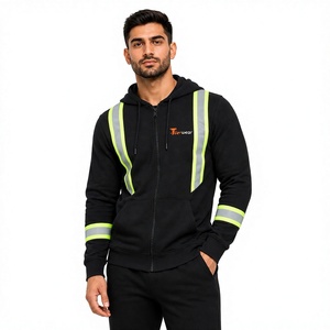 Sudadera con capucha negra para hombre con cremallera, tiras reflectantes de alta visibilidad, ropa de trabajo de seguridad - Product Image 1